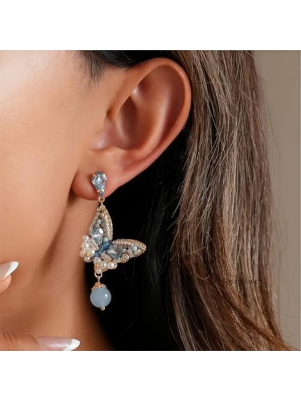 Dangle Flower Floral Blue Crystal Drop Earrings 14K Gold Plated Hypoallergenic